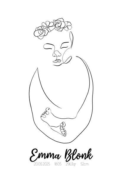 Geboorte Lijntekening met Bloemen Poster