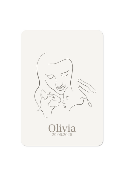 Baby met moeder en kat - Geboortekaartje