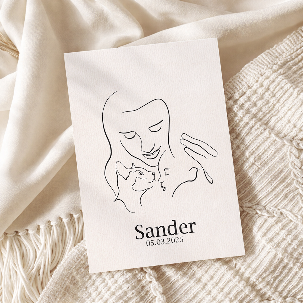 Baby met moeder en kat - Geboortekaartje