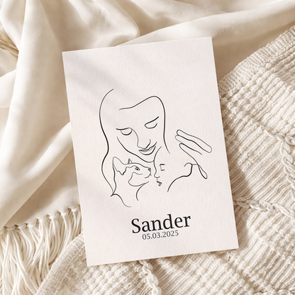 Baby met moeder en kat - Geboortekaartje