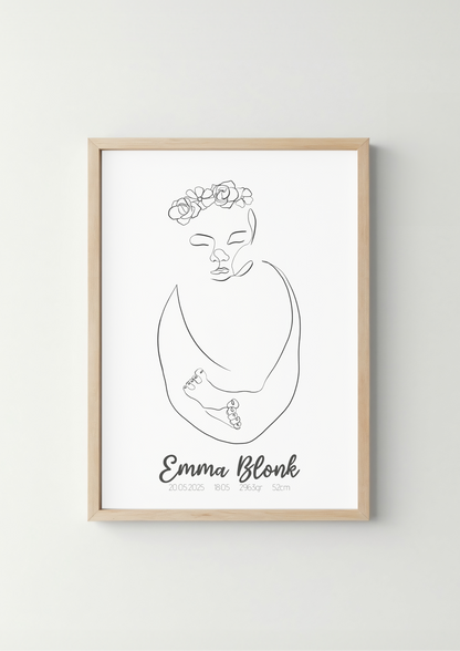 Geboorte Lijntekening met Bloemen Poster