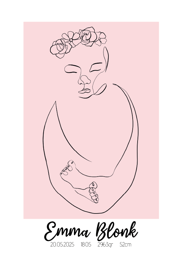 Geboorte Lijntekening met Bloemen Poster