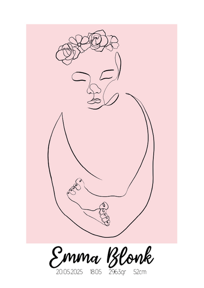 Geboorte Lijntekening met Bloemen Poster