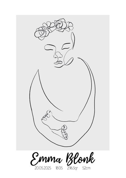 Geboorte Lijntekening met Bloemen Poster