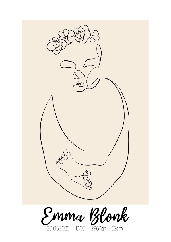 Geboorte Lijntekening met Bloemen Poster