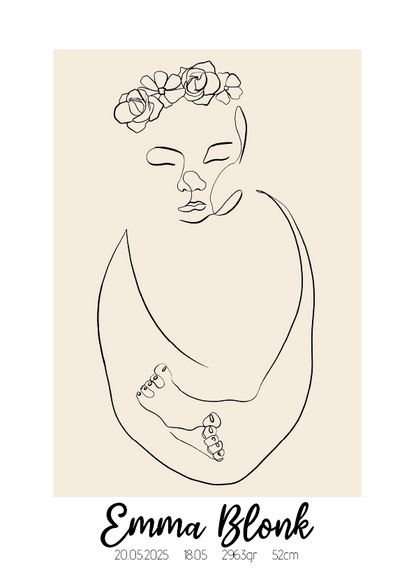 Geboorte Lijntekening met Bloemen Poster