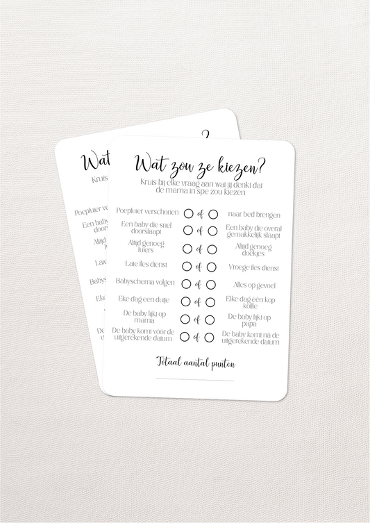 Spelkaarten 'Wat zou ze kiezen"? – Babyshower