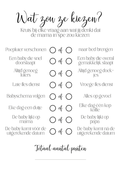 Spelkaarten 'Wat zou ze kiezen"? – Babyshower