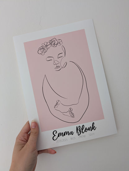 Geboorte Lijntekening met Bloemen Poster